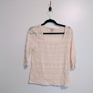 Lucky Brand lace top with square neckline and sheer sleeves, size xs
